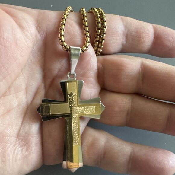 Double Gold Plated Cross Pendant 24 Inch Chain Stainless Steel Religious Gift - Picture 5 of 6